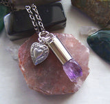 Elestial Amethyst Quartz Crystal Bullet Heart Jewelry Necklace