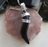 Black Onyx Little Horn Cornicello Wire Wrapped Pendant Necklace