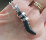 Black Onyx Little Horn Cornicello Wire Wrapped Pendant Necklace