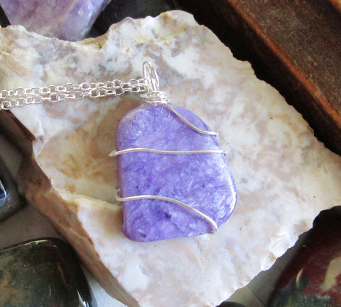 Purple Charoite Natural Gemstone Crystal Pendant Necklace