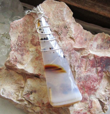 Dendrite Agate Natural Crystal Wire Wrapped Pendant Necklace