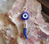 Evil Eye Blue Sodalite Gemstone Horn Pendant Necklace