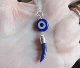 Evil Eye Blue Sodalite Gemstone Horn Pendant Necklace