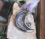 Double Sided Glass and Gunmetal Moon Locket Pendant Necklace