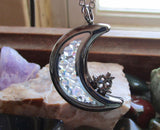 Double Sided Glass and Gunmetal Moon Locket Pendant Necklace