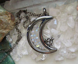 Double Sided Glass and Gunmetal Moon Locket Pendant Necklace