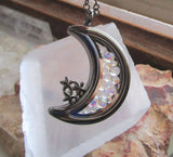 Double Sided Glass and Gunmetal Moon Locket Pendant Necklace