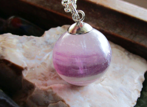 Purple Fluorite Banded Gemstone Crystal Ball Pendant Necklace