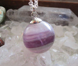 Purple Fluorite Banded Gemstone Crystal Ball Pendant Necklace