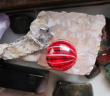 Red Striped Blown Glass Sphere Ornament Pendant Necklace