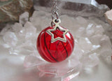 Red Striped Blown Glass Sphere Ornament Pendant Necklace