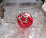 Red Striped Blown Glass Sphere Ornament Pendant Necklace