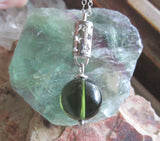 Green Moldavite Crystal Ball Sterling Silver Stars Pendant Necklace