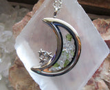 Moldavite and Herkimer Diamonds Double Sided Glass Moon Locket Necklace