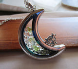 Moldavite and Herkimer Diamonds Double Sided Glass Moon Locket Necklace