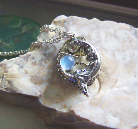 Moon Maiden Vintage Watch Works Moonstone Jewelry Pendant