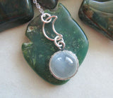 Natural White Moonstone Cabochon Sterling Silver Moon Pendant Necklace