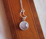 Natural White Moonstone Cabochon Sterling Silver Moon Pendant Necklace