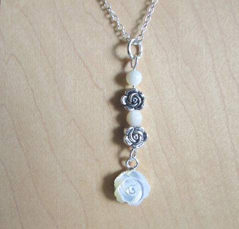 Mother of Pearl and Silver Rose Pendant Necklace