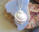 Satin White Czech Glass Pearl Wire Wrapped Pendant Necklace