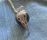 Silver Raven Skull Black Obsidian Sphere Pendant Necklace