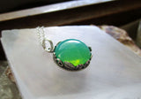 Vaseline Glass Ultraviolet Silver Floral Setting Pendant Necklace
