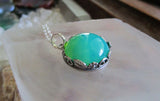 Vaseline Glass Ultraviolet Silver Floral Setting Pendant Necklace