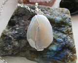 Blue Cloud Agate Gemstone Crystal Wire Wrapped Pendant Necklace