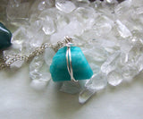 Natural Aqua Blue Amazonite Wire Wrapped Pendant