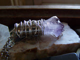 Amethyst Crystal Wire Wrapped Silver Bullet Pendant Necklace