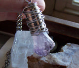 Amethyst Crystal Wire Wrapped Silver Bullet Pendant Necklace