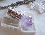 Amethyst Crystal Wire Wrapped Silver Bullet Pendant Necklace