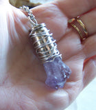 Amethyst Crystal Wire Wrapped Silver Bullet Pendant Necklace