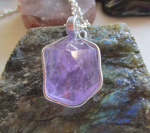 Lavender Amethyst Natural Carved Hexagon Crystal Pendant Necklace