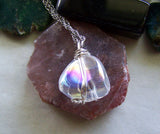 Opal Aura Iridescent Polished Quartz Crystal Wire Wrapped Pendant