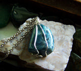 Natural Blue Apatite Crystal Wire Wrapped Pendant Necklace