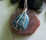 Natural Blue Apatite Crystal Wire Wrapped Pendant Necklace