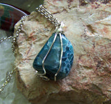 Natural Blue Apatite Crystal Wire Wrapped Pendant Necklace