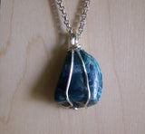 Natural Blue Apatite Crystal Wire Wrapped Pendant Necklace