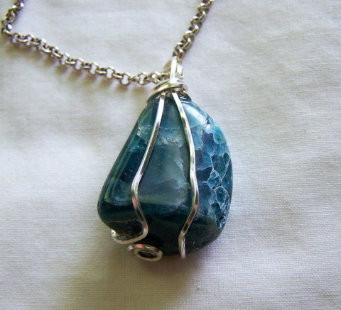 Natural Blue Apatite Crystal Wire Wrapped Pendant Necklace