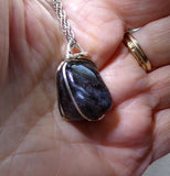 Natural Arfvedsonite Stone Wire Wrapped Crystal Pendant Necklace