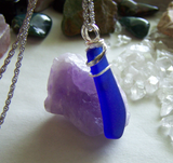 Cobalt Blue Wire Wrapped Natural Beach Glass Pendant Necklace