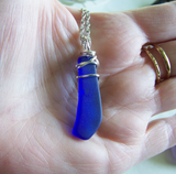 Cobalt Blue Wire Wrapped Natural Beach Glass Pendant Necklace