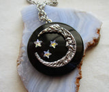 Man in the Moon Black Onyx Stone Disc Pendant Necklace