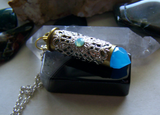 Aqua Blue Crystal Bullet Silver Filigree Pendant Necklace