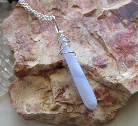 Blue Lace Agate Natural Gemstone Crystal Drop Pendant Necklace