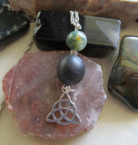 Irish Bog Oak Moss Agate Triquetra Pendant Necklace