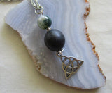 Irish Bog Oak Moss Agate Triquetra Pendant Necklace