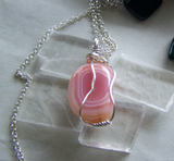 Pink Botswana Agate Polished Gemstone Wire Wrapped Pendant