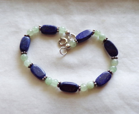 Lapis Lazuli and Prehnite Natural Gemstone Handmade Vintage Bracelet